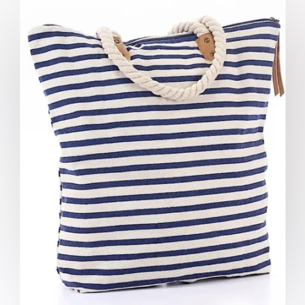 Summer & Rose Navy Blue Stripe Brittany Tote Bag Rope Strap Natural 16x16"